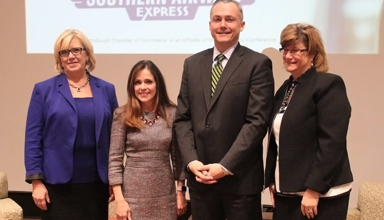 (L-R) Butler County Commissioner Leslie Osche, Washington County Commissioner Diana Irey Vaughan, GPCC President Matt Smith and Beaver County Commissioner Sandie Egley at the GPCC's First Friday Speaker Series event.